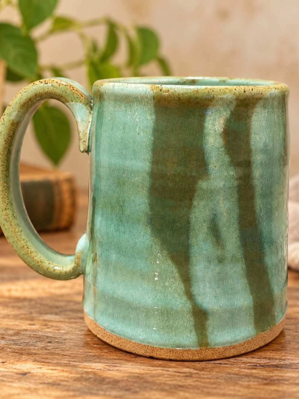 Handmade Studio Pottery Mug, Green Celadon Drip Glaze Ceramic Coffee Cup